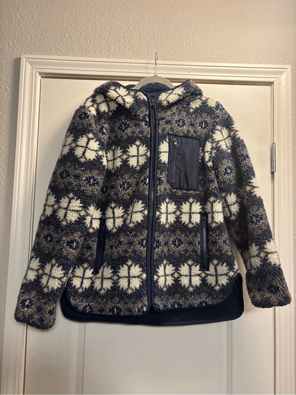 Boundless North Nordic Blue Print Full Zip Sherpa Jacket Womens Medium